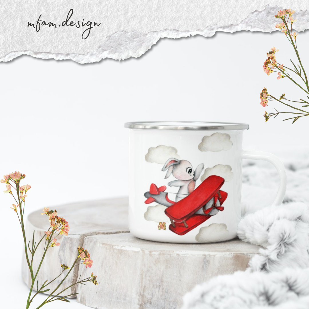 Bunny Red Aeroplane - Premium Enamel Mug